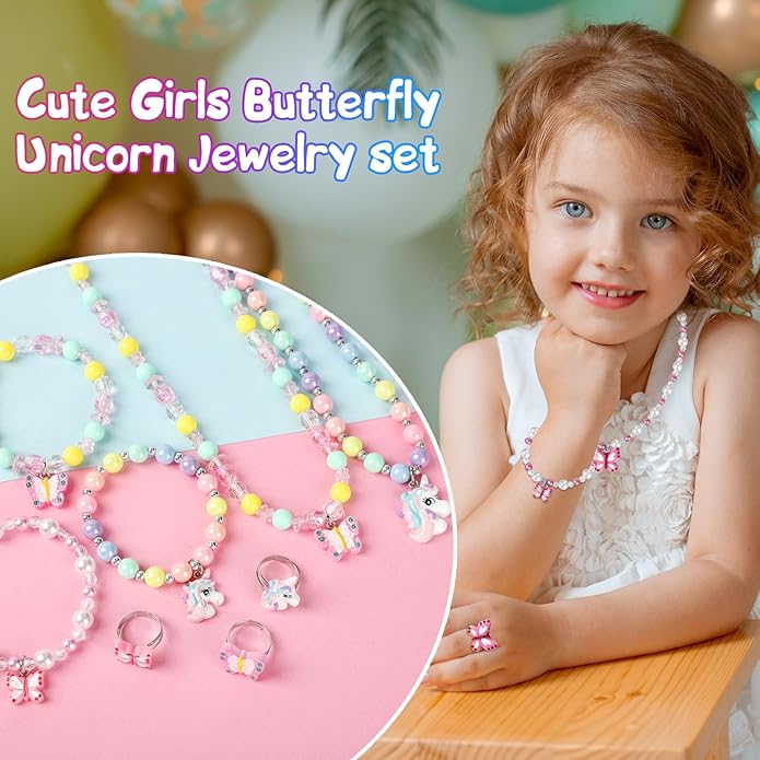 3 Sets Girl Princess Necklace Bracelet Ring Kids Stretchy Jewelry Gift Unicorn Butterfly Necklace Bracelets Rings Party Favors Dress up Jewelry for Little Girl Toddler(with Gift Box)