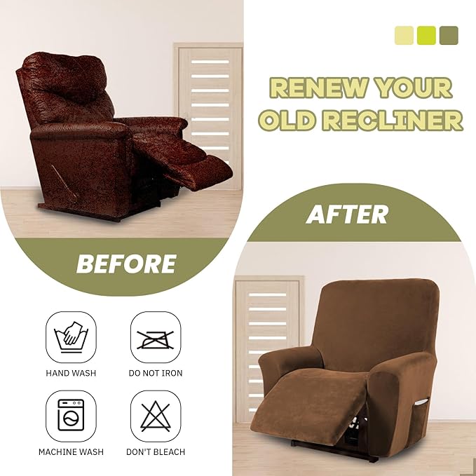 AZON Velvet Stretch Recliner Chair Cover,1-Piece Washable Recliner Couch Cover with Elastic Furniture Protector for Pets, Kids(Recliner, Camel)