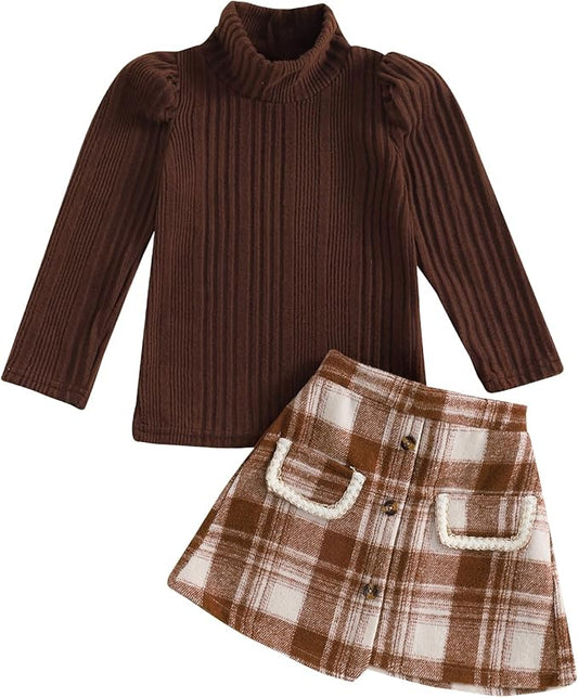 Fernvia Toddler Baby Girl Fall Winter Skirt Set Turtleneck Ribbed Long Sleeve T-Shirt Top & Plaid Skirts Dress 2Pcs Outfits