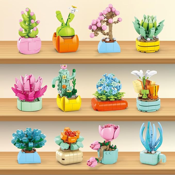24 Pack Valentines Day Gifts for Kids 6-12, Succulents Flower Bouquets Building Blocks with Gift Cards for School Classroom, Boy Girl Class Valentine Party Favors Exchange Gift Goodie Bag Stuffers