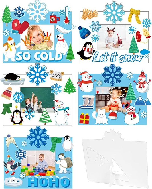 30 Pack Winter Craft for Kids Winter Picture Frame with Easel DIY Holiday SnowFlake Christmas Paper Art Crafts Kit with Stand Cardboard Photo Frames Bulks Game Acticvity for Kindergarten Preschool Kid