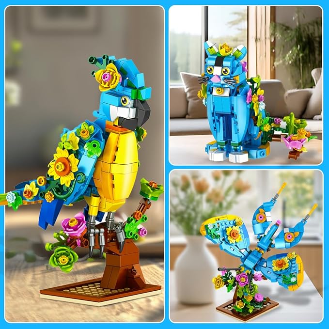 3 in 1 Flower Cat Parrot Butterfly Building Set, Animal Figures Building Toy for Home Office Art Decor, 412 PCS Building Block Gift for Kids Boys Girls Ages 6 7 8 9 10 11 12+ Adults