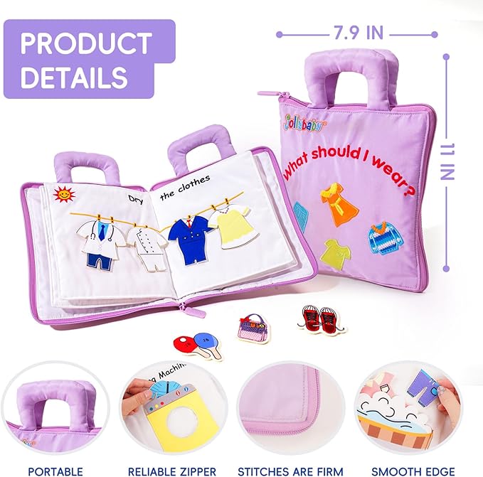 Jollybaby Quiet Book for Kids, Toddler Travel Toys Felt Busy Book Preschool Learning Montessori Toddler Quiet Book 10 Page Activity Book for 2 3 4 Year Old Girls(Purple)