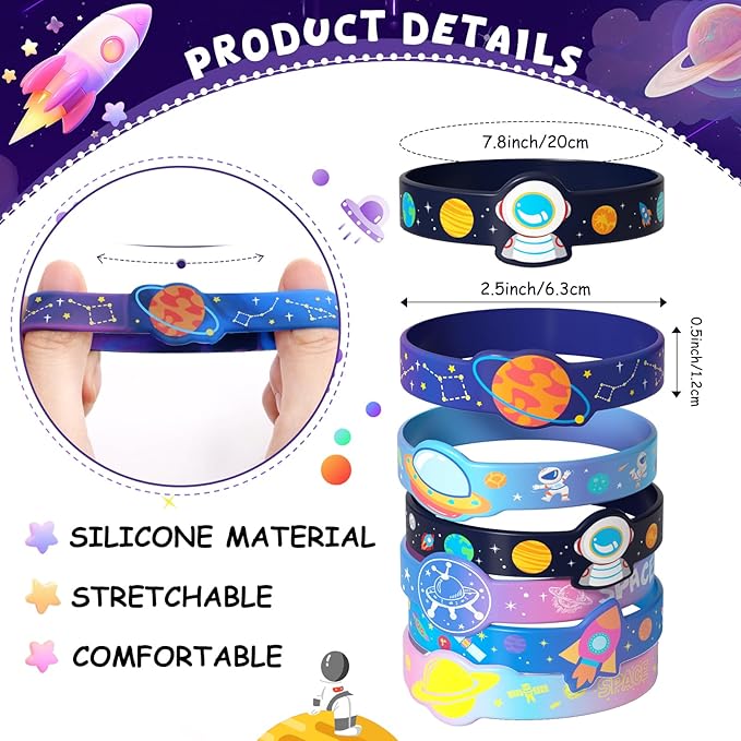 24 Outer Space Party Favors Birthday Supplies Galaxy Astronaut Silicone Bracelets Bulk Kids Boy Girl Toy Gift for Goodie Bag Stuffer Class Prize Christmas Easter Space Themed Party Favors