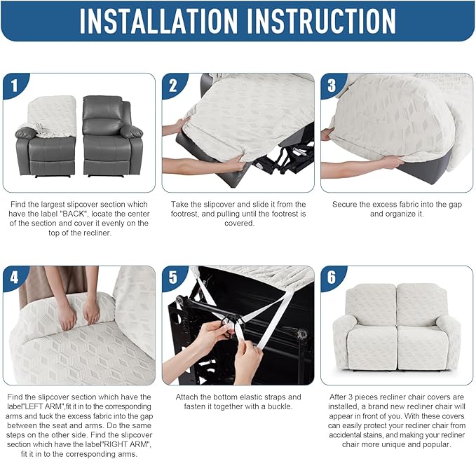 TAOCOCO Recliner Loveseat Cover, Stretch Jacquard Reclining Loveseat Cover Furniture Protector Sofa Slipcovers 2 Seat Recliner Covers with Elastic Bottom for Kids, Pets(Cream White)