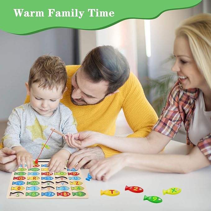 Magnetic Wooden Fishing Game Toy for Toddlers, Alphabet Fish Catching Counting Games Puzzle with Numbers and Letters, Preschool Learning ABC Math Educational Toys 3 4 5 Years Old Girl Boy Kids