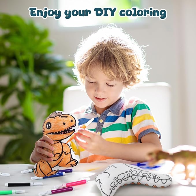 4 Sets Boys Girls Doodle Dolls, Color Your Own Dinosaur Gift Set 4 Coloring Plush Toy Washable Stuffed Animal Drawing DIY Crafts Art 48 Watercolor Pens for Boys Girls 4-10 Years Old