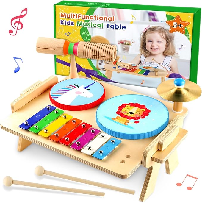 Kids Drum Set, Baby Musical Instruments Toys for Toddlers, 7 in 1 Wooden Xylophone Toddler Drum Set Percussion Instruments Musical Toys Birthday Gifts for Children Boys and Girls