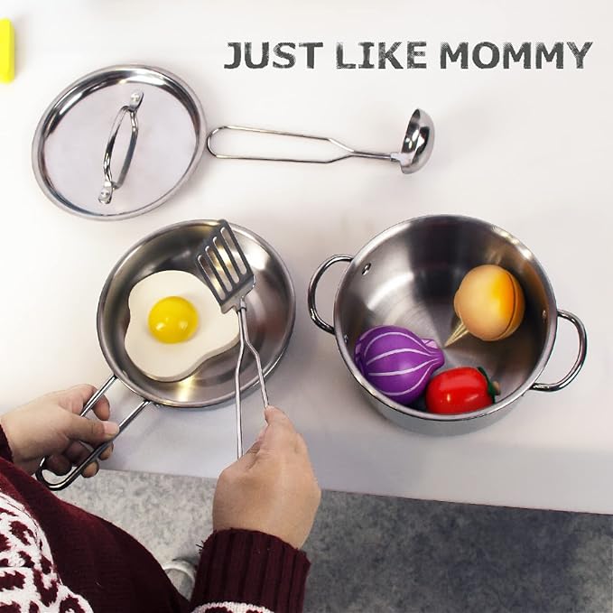 Kids Play Kitchen Toys, Stainless Steel Kitchen Utensils, Pretend Play Kitchen Accessories, Montessori Learning Toy for Toddlers 1-3