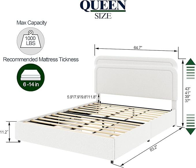 Christopher Knight Home Liv Upholstered Bed with Storage, Queen Size Platform Bed with 2 Drawers, Curved Stitched Tufted Headboard, Wooden Slat Mattress Support, No Box Spring Needed, Ivory Boucle