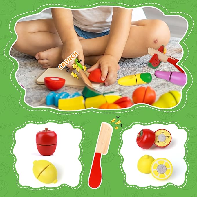 30 Pcs Wooden Play Food Sets for Kids Kitchen Accessories, Velcro Fruit and Veggies for Toddlers, Velcro Fruit Cutting Toys for Kids, Color Sorting Play Food Set, Play Food for Toddlers 1-3