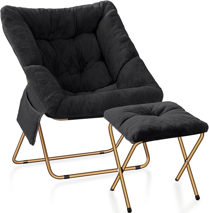 Comfy Saucer Chair, Foldable Living Room Chairs, Soft Faux Fur Lounge Chair for Bedroom, Reading Chairs for Adults, Kids, X-Large (Black)