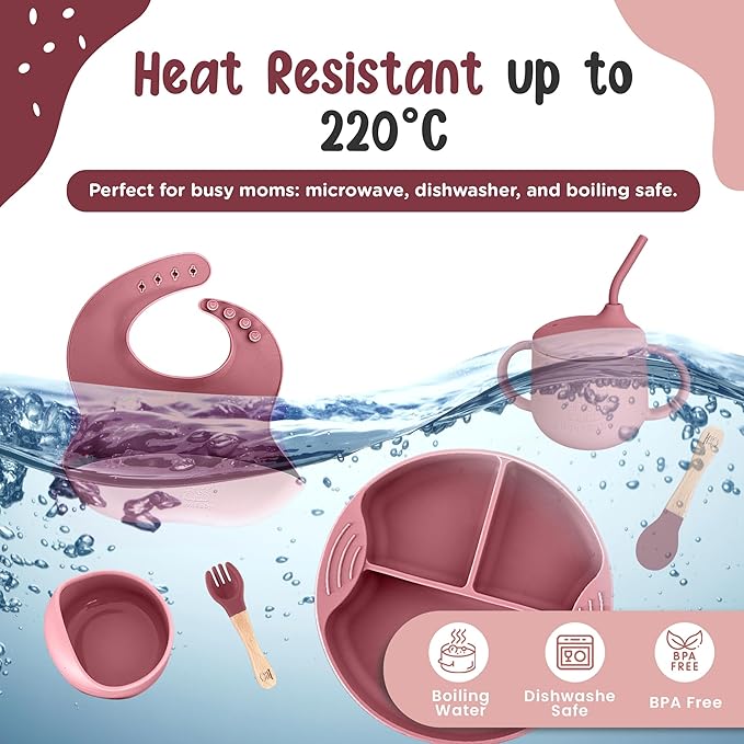 Silicone Baby Feeding Set, Eating Utensils with Suction Plate and Bowl, Baby Led Weaning Supplies, Toddler Self Feeding Dish Set with Waterproof Full Sleeve Bib, Spoon, 10pcs (Pink)