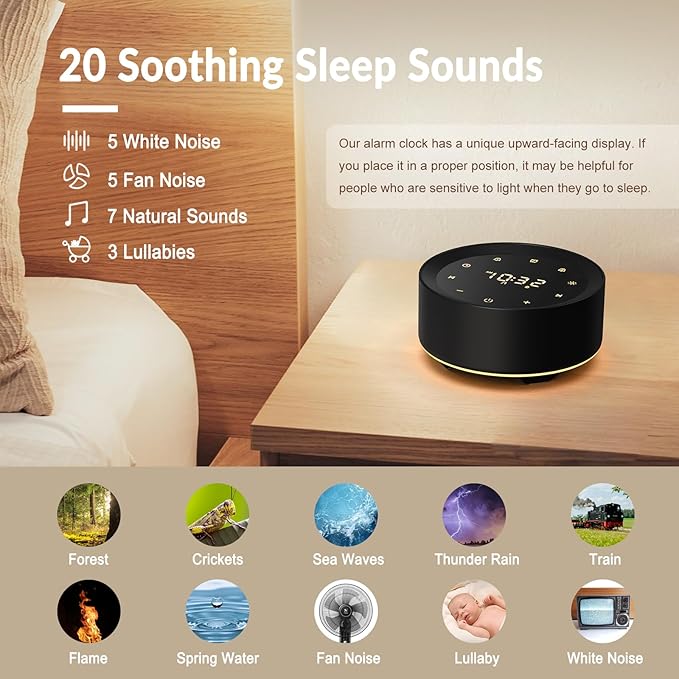 Alarm Clock White Noise Sound Machine & 7 Night Light 3-in-1, 20 Soothing Sounds, Timer, 31-Level Volume Control, Touch Button Control Noise Machine for Baby, Adults,Bedroom