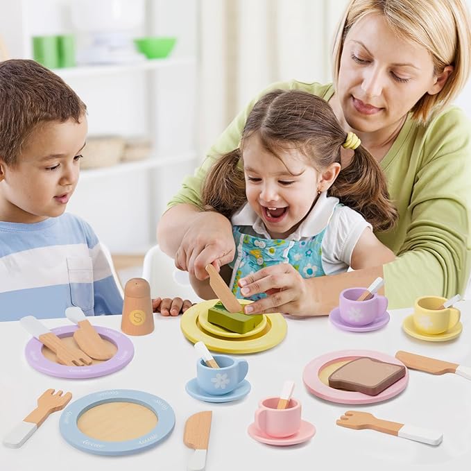 30 PCS Wooden Toy Plates and Dishes for Kids, Play Kitchen Accessories Set, Pretend Play Food Sets for Children Kitchen, Montessori Toys for Girls and Boys