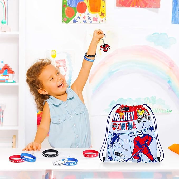 36 PCS Hockey Party Favors Set Include 12 Hockey Drawstring Bag, 12 Hockey Silicone Bracelet, 12 Hockey Motivational Keychain for Ice Hockey Sports Party Birthday Gift Supplies