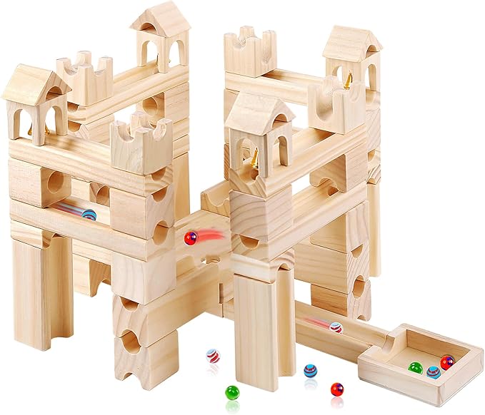 Wooden Marble Run for Kids Ages 4-8 – 80 Pieces Marble Rush Track Maze Construction Toy, STEM Building Blocks, Educational Gift for Boys & Girls