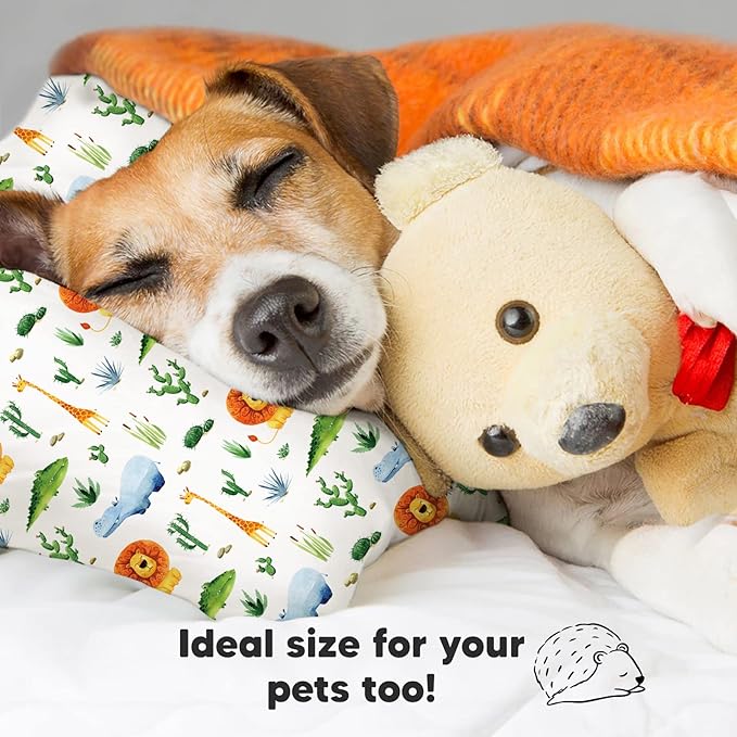 Toddler Pillow with Pillowcase - 13x18 My Little Dreamy Pillow, Organic Cotton Toddler Pillows for Sleeping, Kids Pillow, Travel Pillows, Mini Pillow, Nursery Pillow, Toddler Bed Pillow (Zoo)