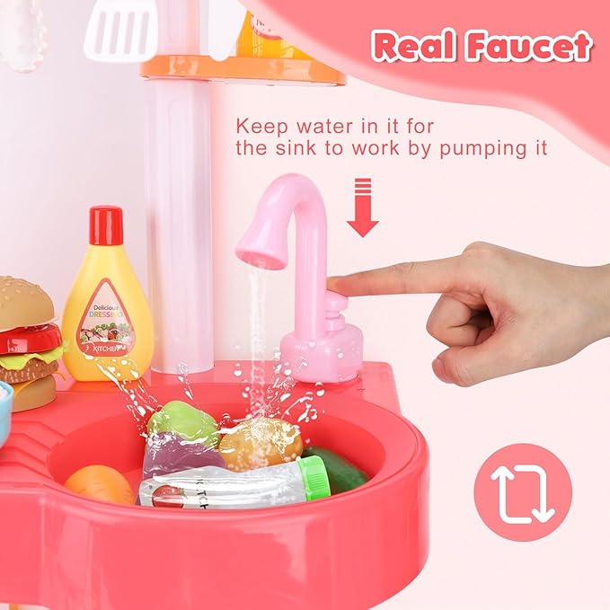 Kids Kitchen Playset, Toy Kitchen Set with Light, Music, Sink and Play Food Kitchen Accessories, Pretend Play Kitchen for Toddler 3-5