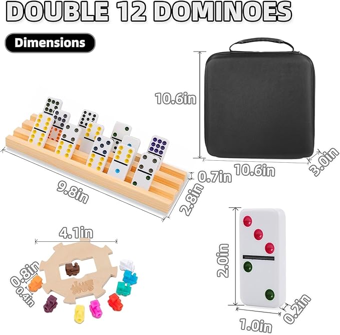 Upgraded Mexican Train Dominoes Set with Wooden Hub and 8 Racks/Trays,Double 12 Dominos Set for Kids, Adults Travel Domino Train Set with 91 Tiles and Carry Case, Classic Board Games for Family Night