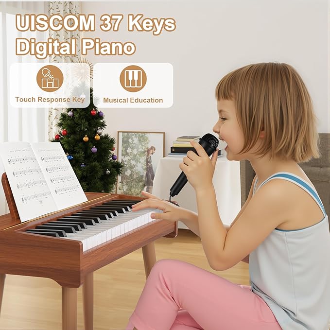 Kids Keyboard Piano, 37 Keys Digital Piano, Toddler Musical Instruments, Wooden Kids Piano with Bench, Toddler Piano for 3+ Girls and Boys, Brown