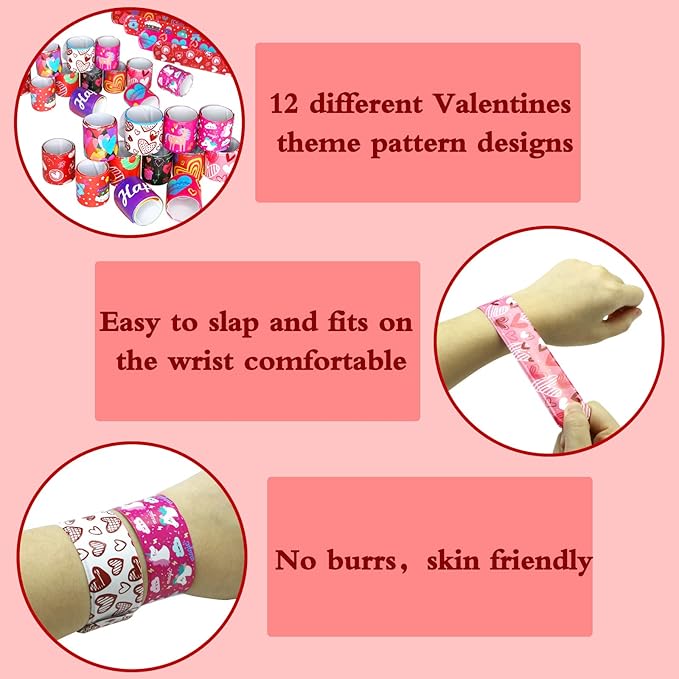 48 Pcs Valentines Slap Bracelets Valentine's Day Snap Bracelets for Kids Valentine Party Favor