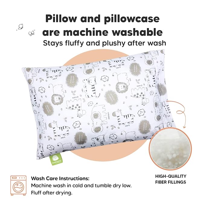 Toddler Pillow with Pillowcase - 13x18 My Little Dreamy Pillow, Organic Cotton Toddler Pillows for Sleeping, Kids Pillow,Travel Pillows,Mini Pillow,Nursery Pillow,Toddler Bed Pillow (KeaSafari)