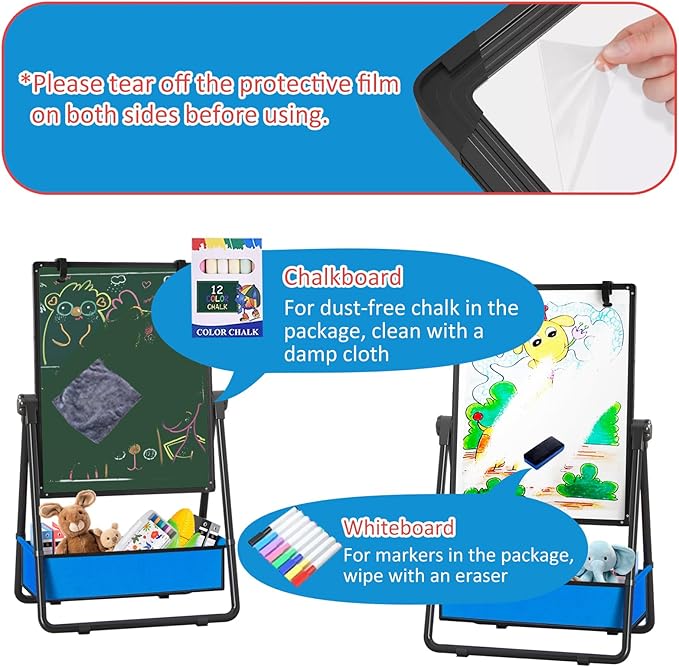 Kids Easel Double-Sided Art Easel with Paper Clip Height Adjustable Whiteboard & Chalkboard 360°Rotating Standing Art Easel for Kids Gift for Boys and Girls Toys for Ages 2-4