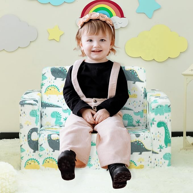 ALIMORDEN 2-in-1 Flip Out Cuddly Sherpa Toddler Couch, Convertible Sofa to Lounger, Dinosaur