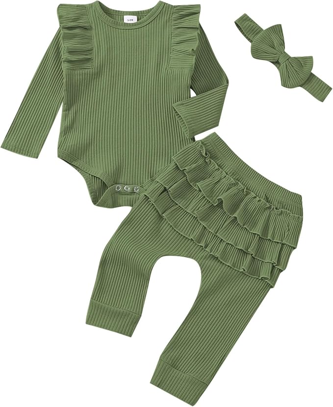Baby Girl Clothes Newborn Infant Fall Winter Outifts Ribbed Ruffle Long Sleeve Romper Pant Outfit Set 3pcs 0-18Months