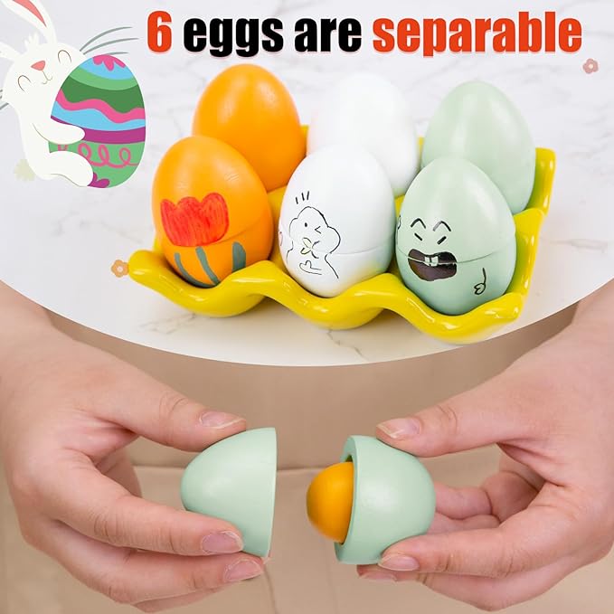 3 Otters 12PCS Egg Play Food Set for Kids Kitchen, Wooden Egg Toys Pretend Separable Egg with Yolk Painting Eggs for Kids Early Development Learning Birthday