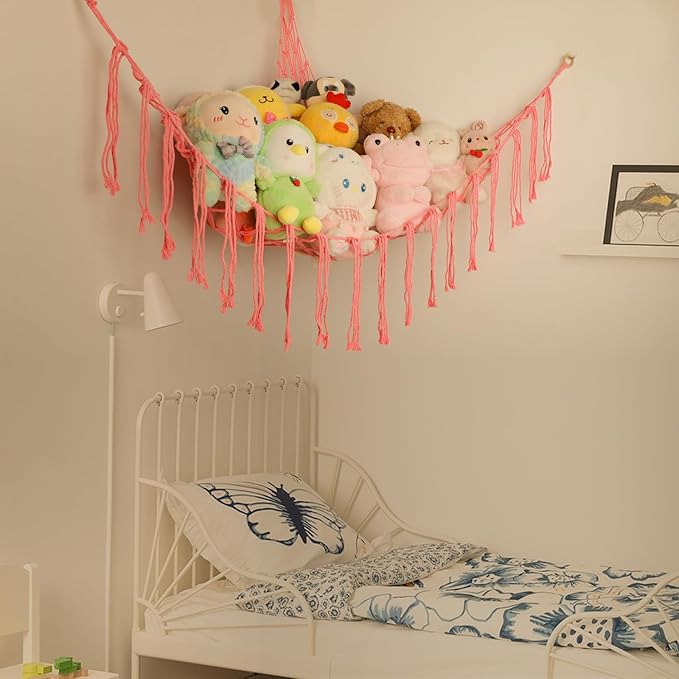 Boho Stuffed Animals Net or Hammock Large,55 inch Toy Hammock Macrame Stuff Animal Storage Corner Hanging Net Holder,Mesh Hammock Plush Toy Organizer with Hooks for Bedroom,Nursery (Pink)