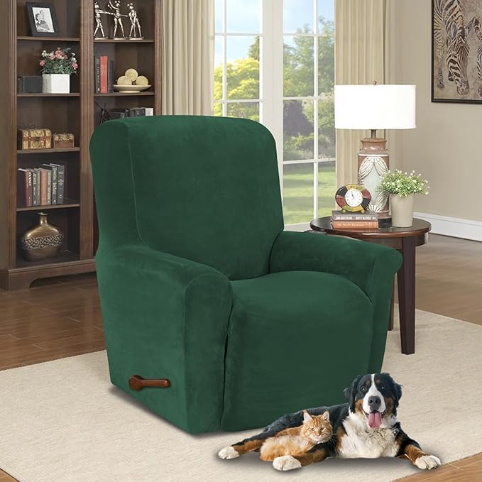 AZON Velvet Stretch Recliner Chair Cover,1-Piece Washable Recliner Couch Cover with Elastic Furniture Protector for Pets, Kids(Recliner, Blackish Green)