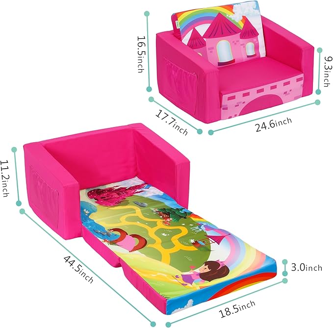 MallBest Kids Sofas Children's Sofa Bed Baby's Upholstered Couch Sleepover Chair Flipout Open Recliner(Rose red/Castle)