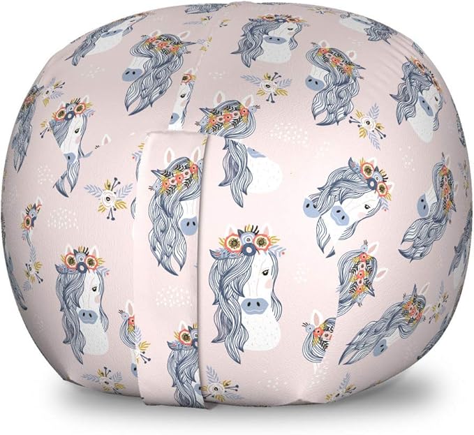 Ambesonne Pastel Storage Toy Bag Chair, Horses and Flower Bouquets on The Head Tattoo Style Floral Wreath Pattern, Stuffed Animal Organizer Washable Bag, Small Size, Rose Blue