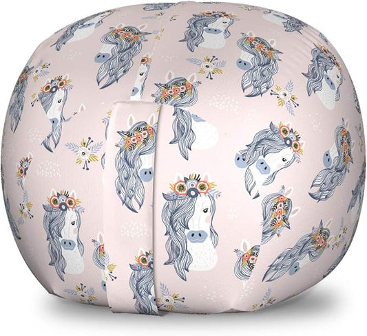 Ambesonne Pastel Storage Toy Bag Chair, Horses and Flower Bouquets on The Head Tattoo Style Floral Wreath Pattern, Stuffed Animal Organizer Washable Bag, Small Size, Rose Blue