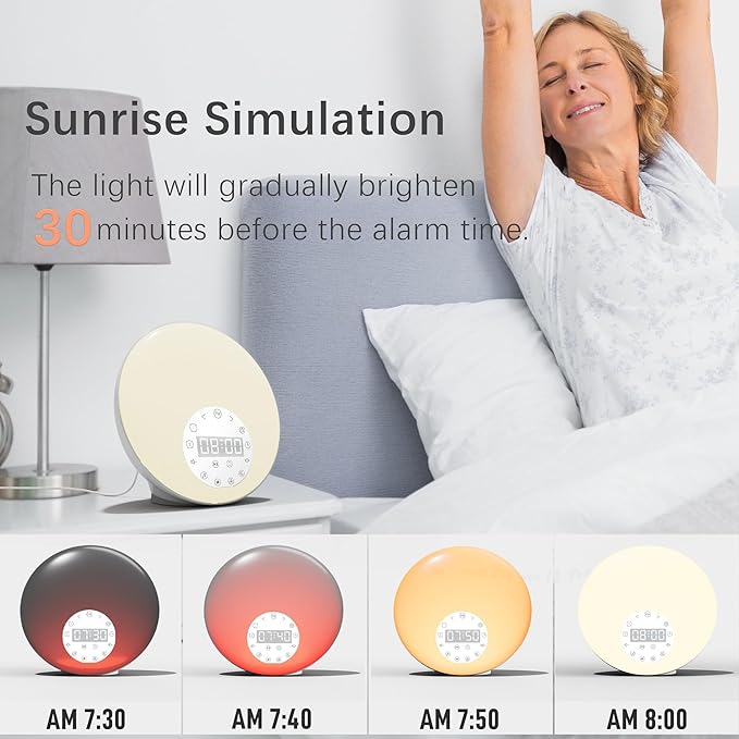 ANTDALIS Sunrise Alarm Clocks White Noise Sound Machine with 26 Soothing Sounds, 7 Night Lights, Wake Up Light Alarm Clock for Bedrooms, Heavy Sleepers, Baby, Kids, Dual Alarms, Sleep Timer, Snooze