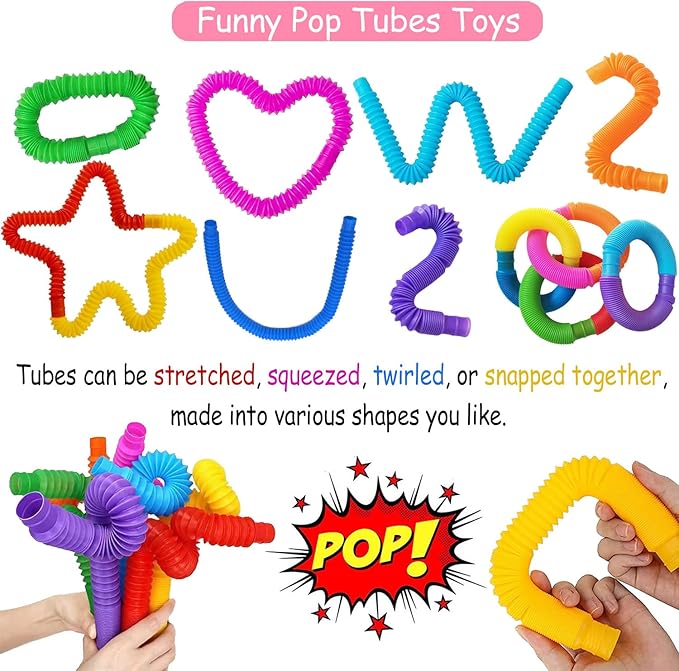 32 Pack Valentines Day Gifts for Kids, Valentines Day Cards for Kids with Pop Tubes, Stress Relief Fidget Toys for Valentine Classroom School Exchange Prizes Party Favors Supplies