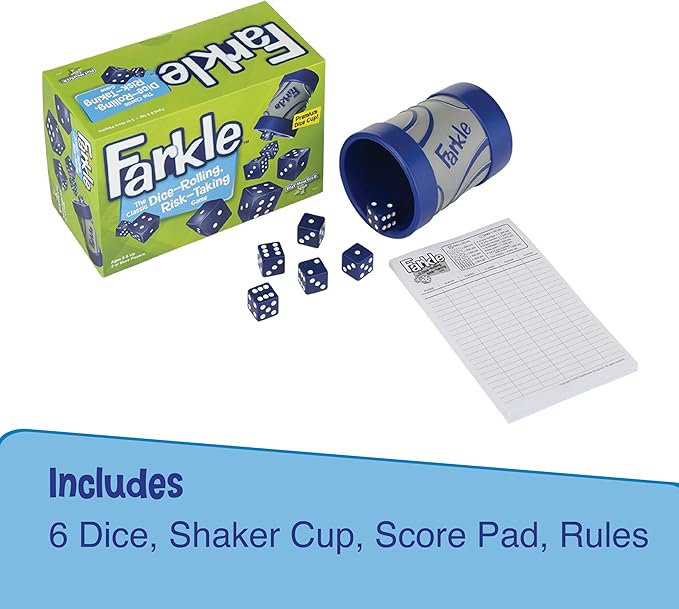 PlayMonster Farkle Classic Dice Game – Premium Kids Games, Dice Games, Family Games, Travel Games, Adult Games, Board Games, Dice Cup, Dice Set, Farkle Score Sheets Included, Ages 8+