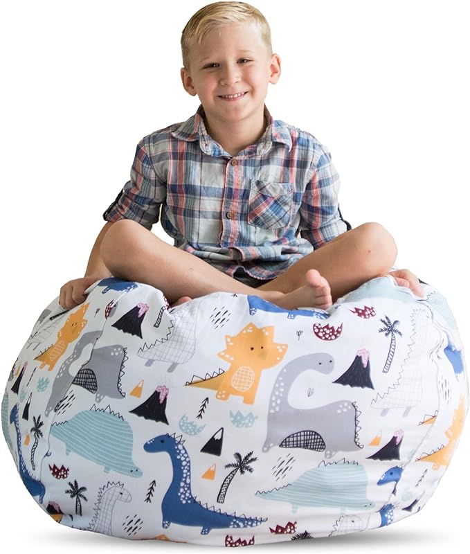 Creative QT Stuff ’n Sit Extra Large 38’’ Bean Bag Storage Cover for Stuffed Animals & Toys, Giant Beanbag Chair for Plush, Toddler & Kids Bedroom Organizer, Dinosaur