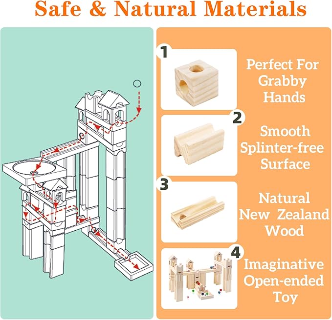 Wooden Marble Run for Kids Ages 4-8 – 80 Pieces Marble Rush Track Maze Construction Toy, STEM Building Blocks, Educational Gift for Boys & Girls