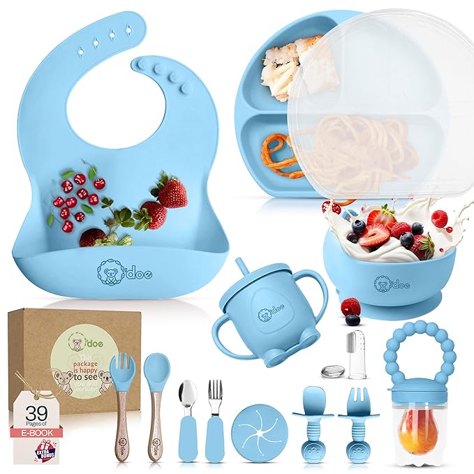 O'doe 17-Piece BPA-Free Silicone Baby Feeding Set | Thick & Soft Suction Plates, Baby Bowls, Wooden Fork & Spoon, and More | Make Mealtime Fun and Easy for Your Little One (Blue, V2)