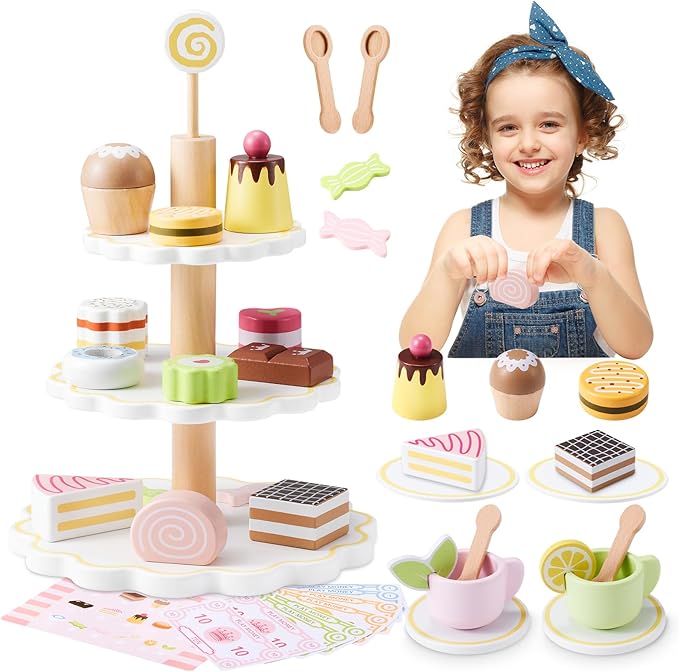 Wooden Tea Party Set for Little Girls, Ehome Princess Tea Time Toy Including Dessert Tray Cake, 31pcs Kids Dessert Toys Pretend Play for Girls Boys Age 1-6