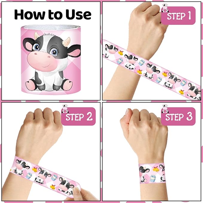 74 PCS Cow Party Favors Include 24 Pcs Cow Print Slap Bracelet 50 Pcs Cow Stickers Pack Cow Print Stuff Cute Cow Birthday Party Decorations Supplies for Kids Girls Boys Gifts Classroom Prizes