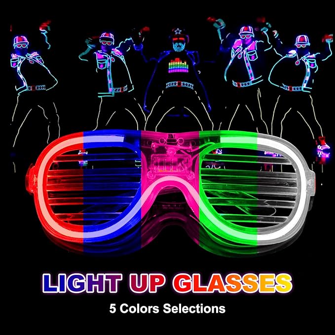 25 Pack Light Up Glasses Party Favor, LED Sunglasses Bulk 5 Colors Neon Accessories Glow In The Dark Party Supplies Toy for Kids & Adults Fit All Size, Gamer Laser Tag Birthday Holiday Wedding