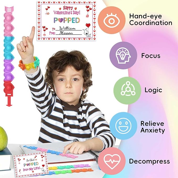 30 Packs Valentine's Day Cards for Kids with Heart Pop Bracelets Bubble Toys, Valentine's Day School Classroom Prizes, Valentine Exchange Gift, Kids Valentine Party Favors