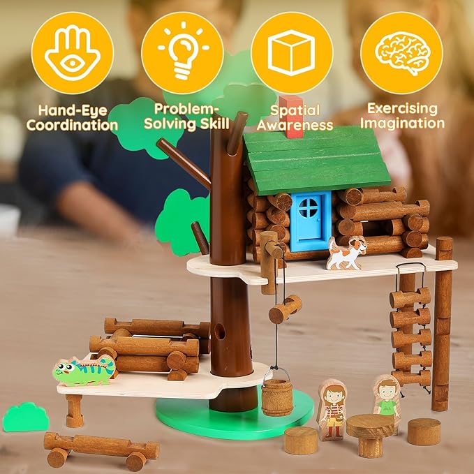 SainSmart Jr. 2-Tier Wooden Tree House Building Set – Educational Gift for Kids, Creative STEM Toy with Cabins and Interchangeable Leaves, STEM Retro Classic Toy Compatible with Lincoln Logs