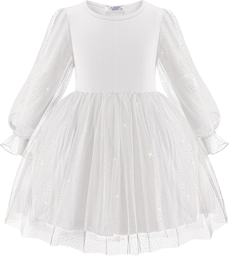 Arshiner Toddler Christmas Dress Girls Sequin Tulle Puff Long Sleeves Tutu Dress Princess Birthday Party Clothes 1-6T