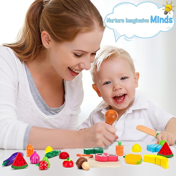Wooden Play Food Sets for Kids Kitchen Fake Food Cutting Fruits Vegetables and Meat Pretend Play Toddler Toys Food Montessori Toys for 3 4 5 6 7 Years Old Gifts for Boys and Girls