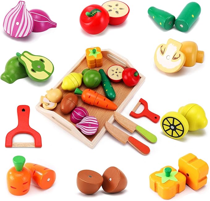 Wooden Toys Food for Kids Kitchen - Play Food Cutting Fruits and Vegetables Set for Pretend Role Play